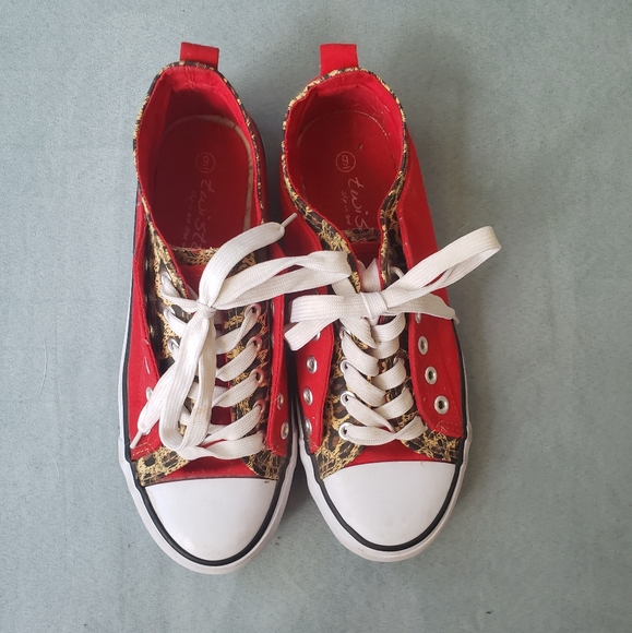 Sz 9 Twisted Red & Leopard Print Lace-Up Shoes - Picture 7 of 8